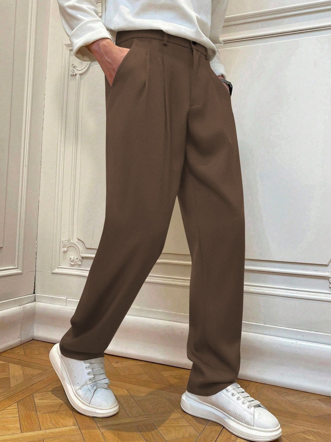Men's Premium Wide-Leg Pleated Trousers – Coffee Brown