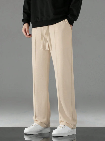 Men's Premium Beige Pleated Relaxed-Fit Trousers