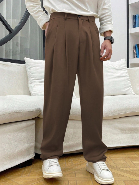 Men's Premium Wide-Leg Pleated Trousers – Coffee Brown
