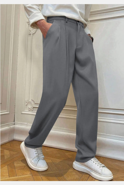 Men's Classic Grey Pleated Relaxed-Fit Trousers