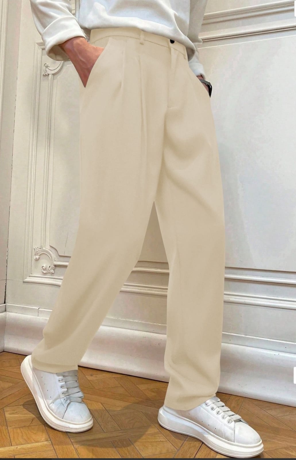 Men's Premium Beige Pleated Relaxed-Fit Trousers