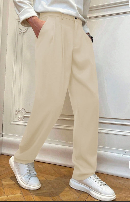 Men's Premium Beige Pleated Relaxed-Fit Trousers