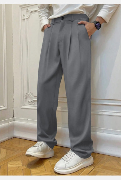 Men's Classic Grey Pleated Relaxed-Fit Trousers